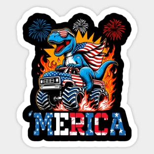 Dinosaur Truck Celebrate 4th Of July American Flag Sticker